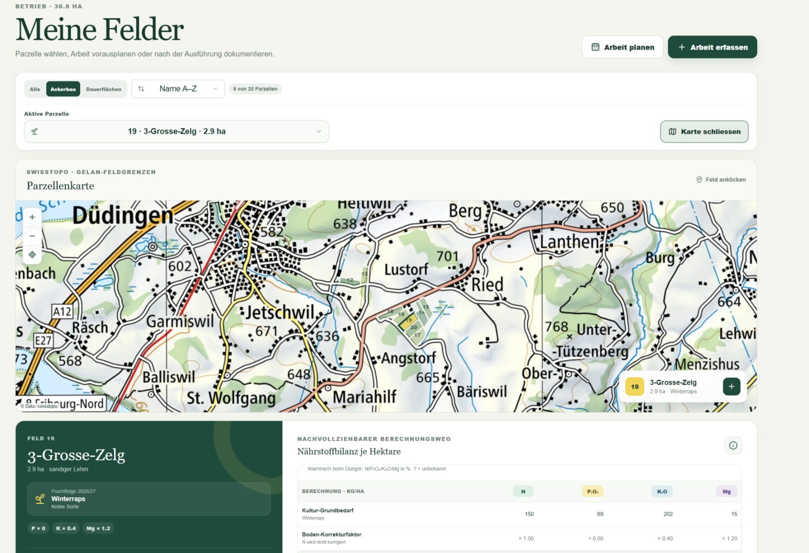 Screenshot der Agrimondo-Plattform mit Parzellenkarte und Nährstoffbilanz